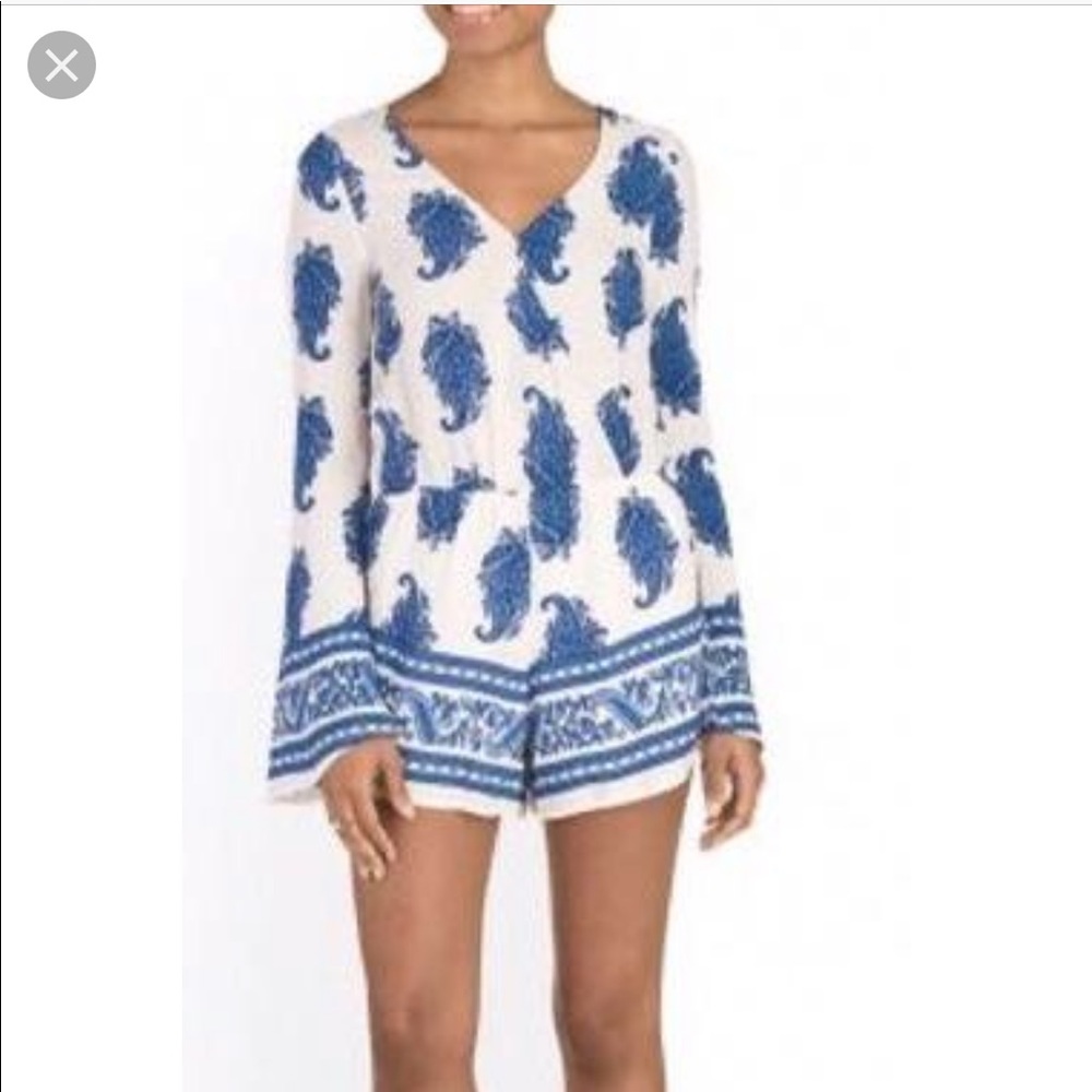 Mimi Chica Bell Sleeve White & Blue Romper